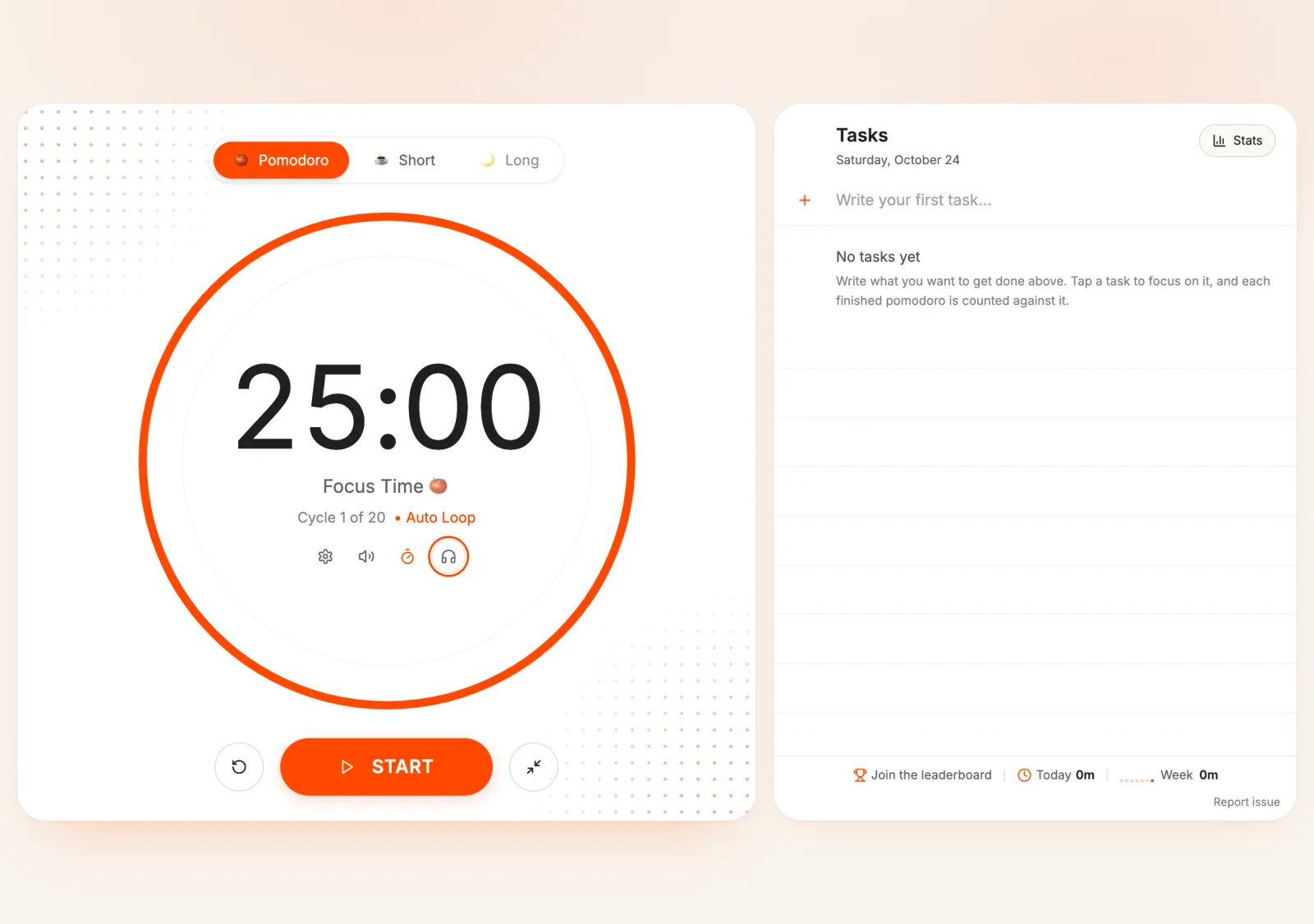 Go PomoTimer in full-screen focus mode: a large 25:00 countdown next to the task list