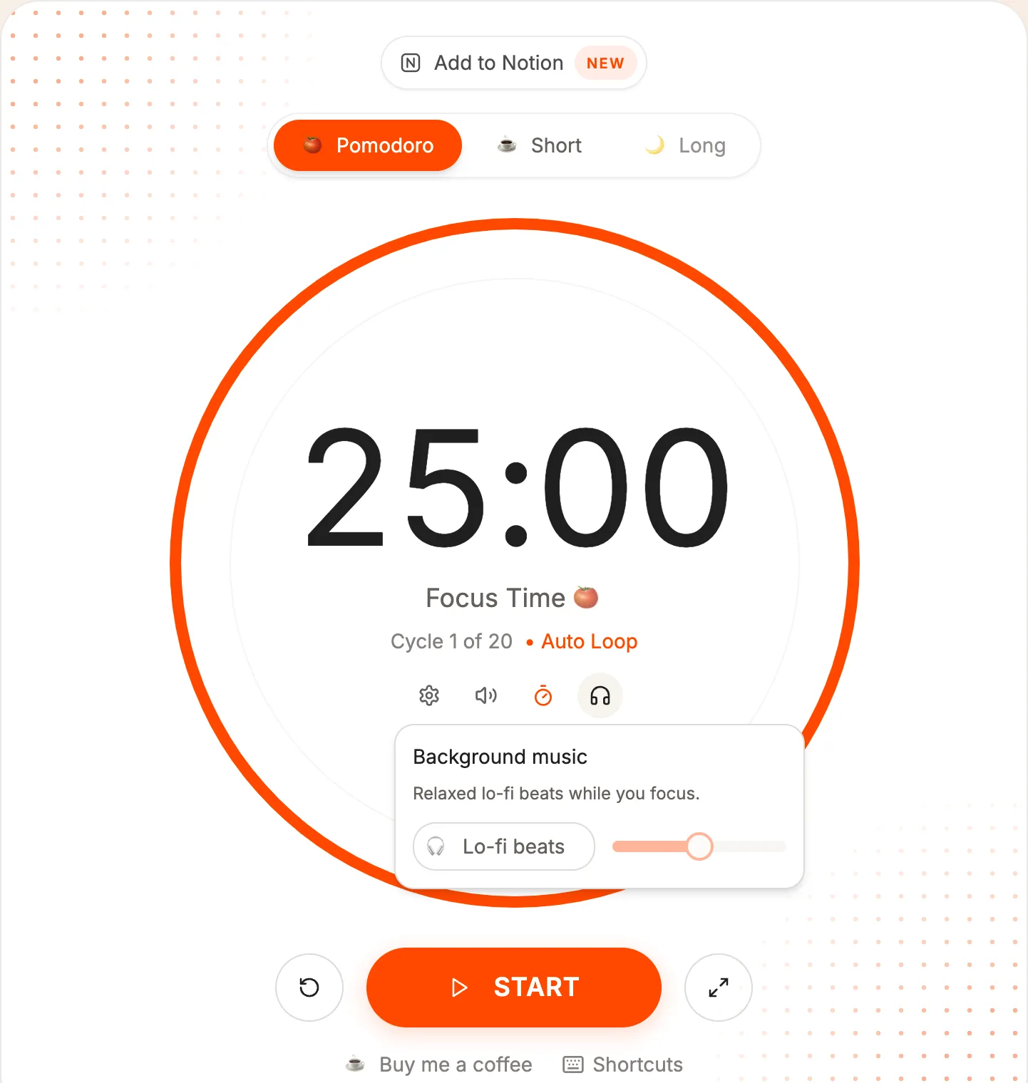 The Go PomoTimer timer with the Background music menu open, showing the Lo-fi beats switch and a volume slider