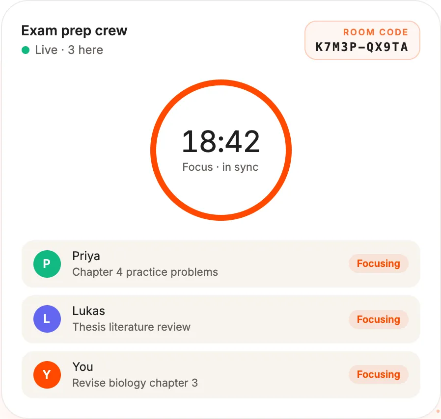 Illustration of a study room: a shared 18:42 focus countdown, a room code, and three people with the task each is working on