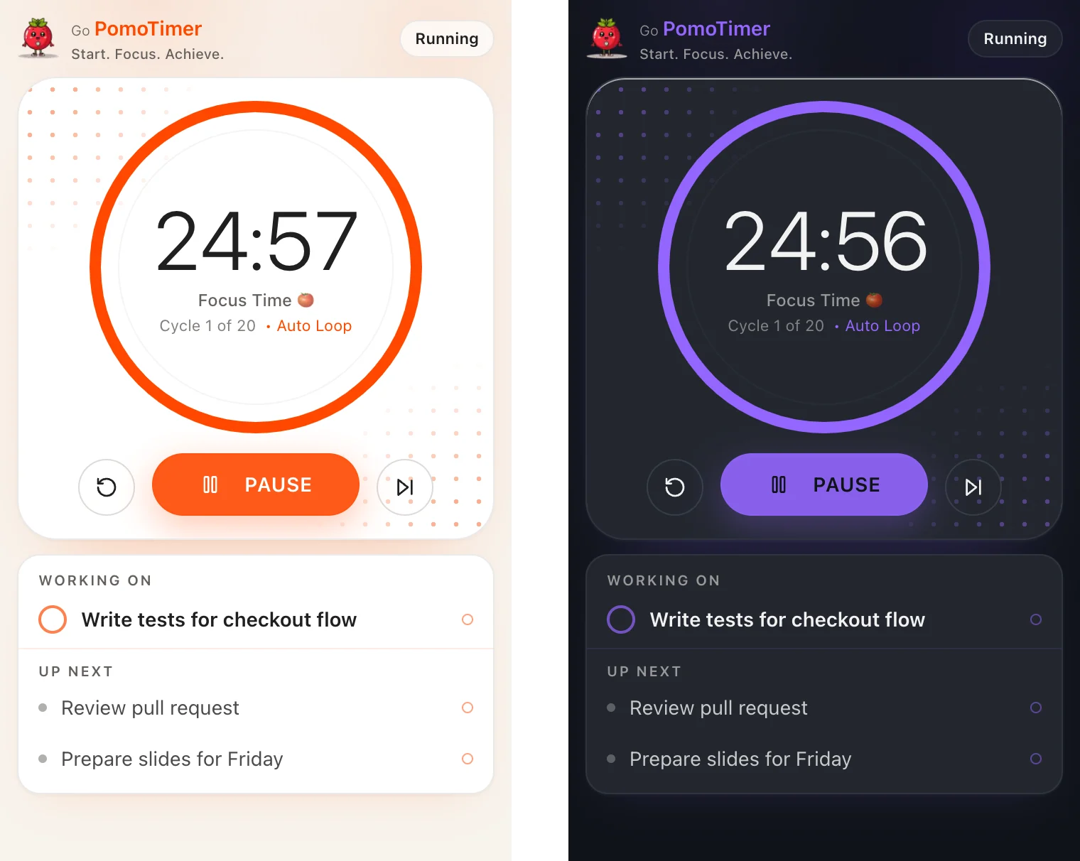 Two screenshots of the Go PomoTimer floating window, in the orange Vibrant Energy theme and the dark Midnight Focus theme: the logo, a focus countdown in a circle, a Pause button, the task being worked on and two tasks up next